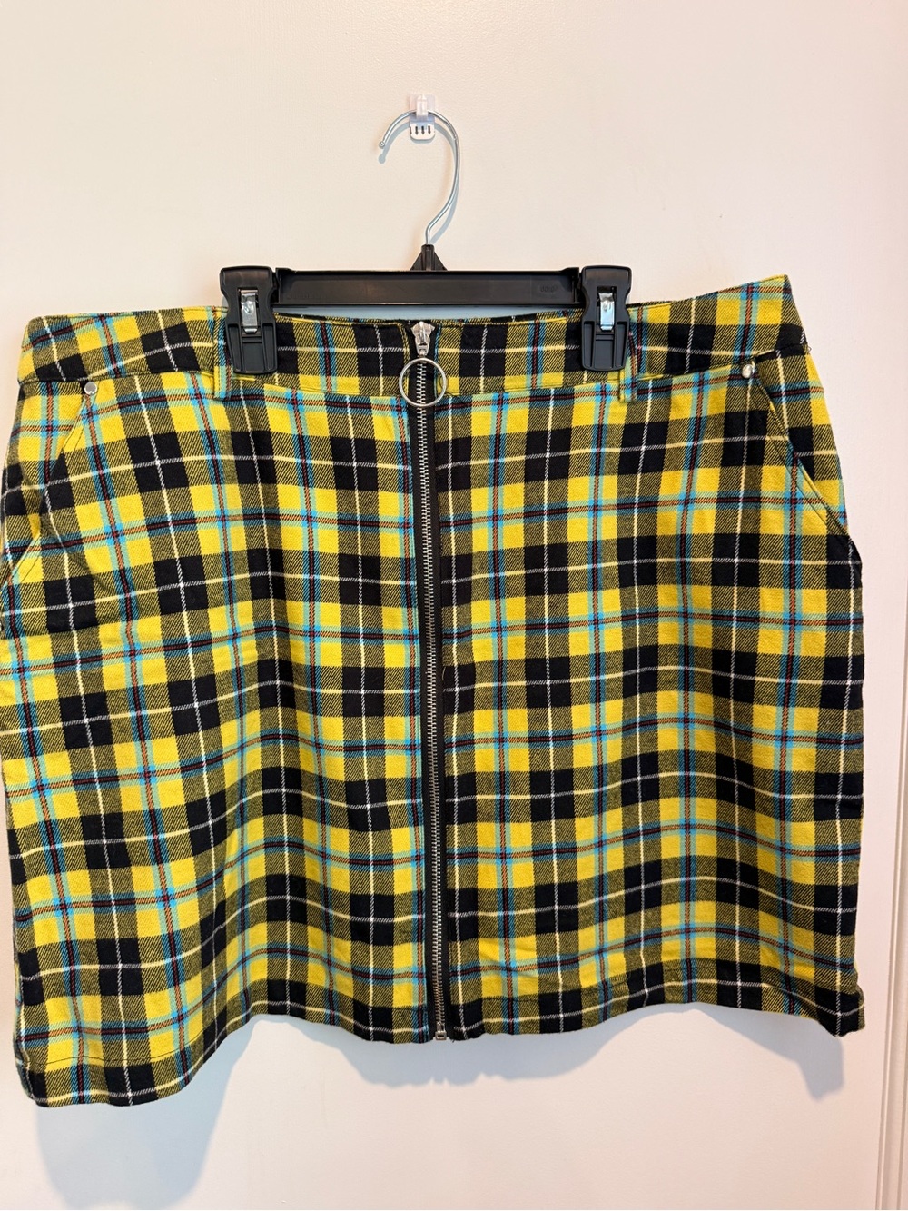 Forever 21 Yellow, Black and Blue Plaid Zip-Front Mini Skirt
